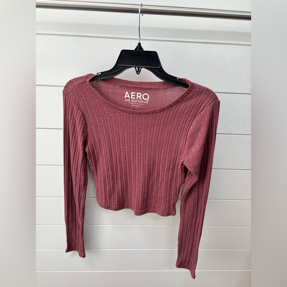 AERO Pink Ribbed Crop Blouse Long Sleeve
